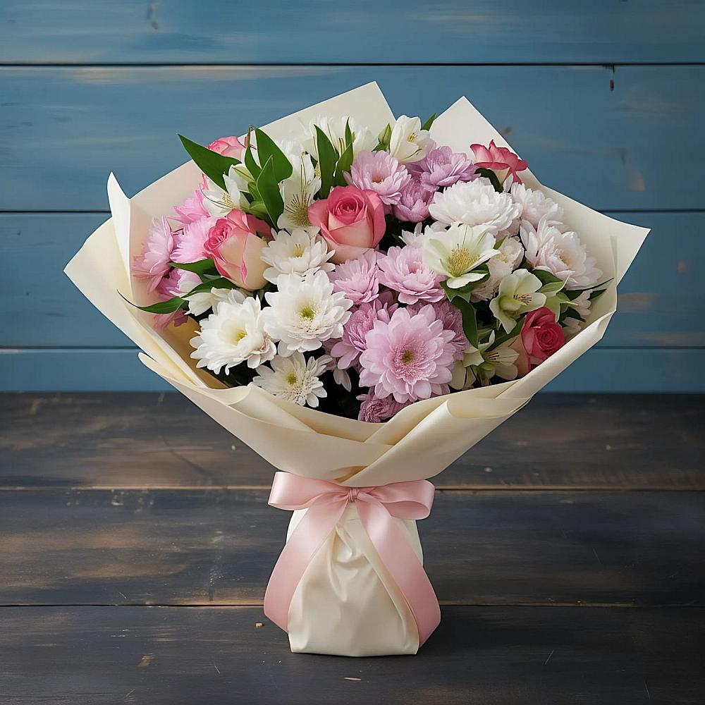 Букет цветов из: Хризантемы, Альстромерии и Розы в Авангард